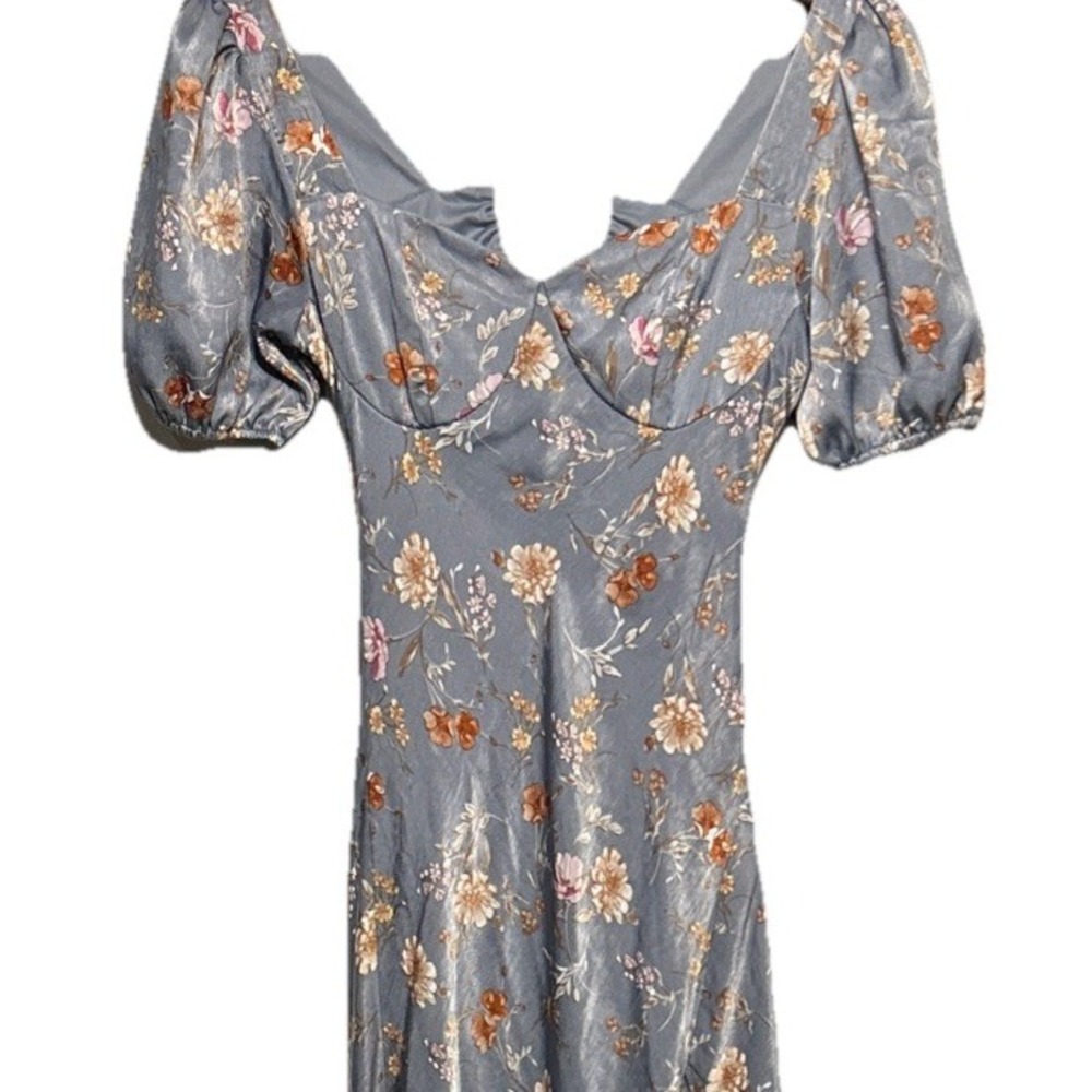 Altar'd State Satin Floral Maxi Dress Puff Sleeve Slit Leg Size XS